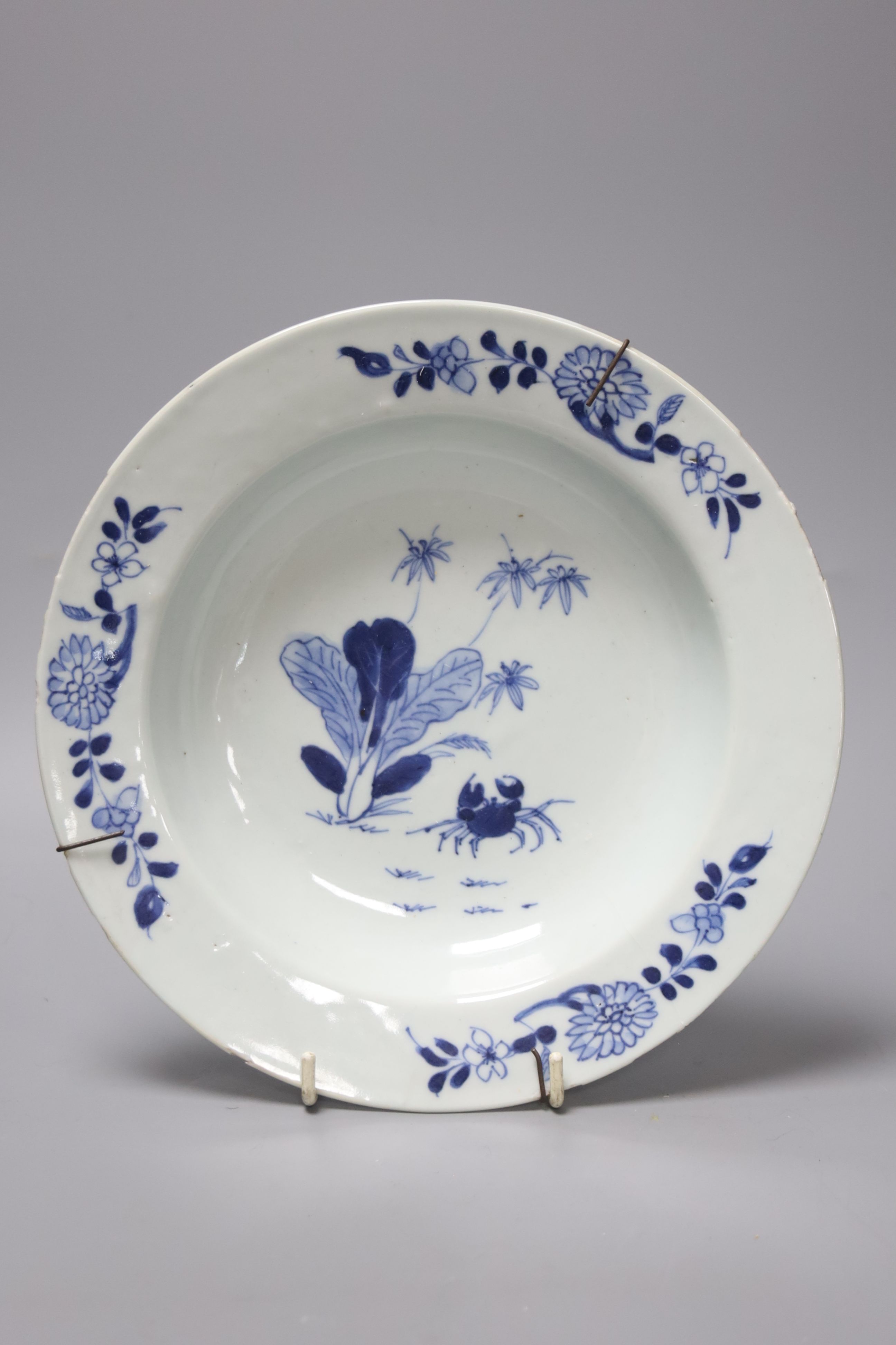 A 19th century Chinese blue and white bowl, together with a blue and white jug and a famille verte vase, largest 21cm